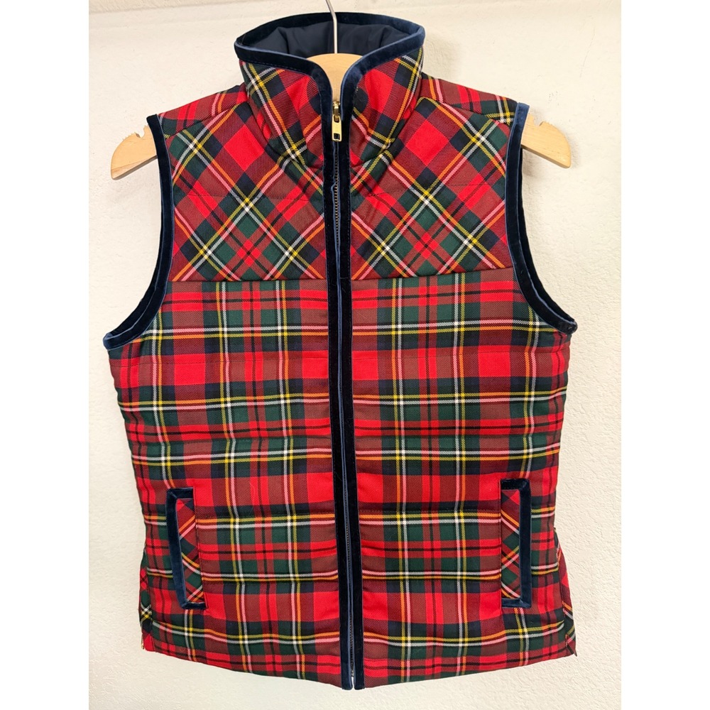 J.Crew Petite PXS Red Stewart Plaid Quilted Puffer Vest Velvet Trim MINT